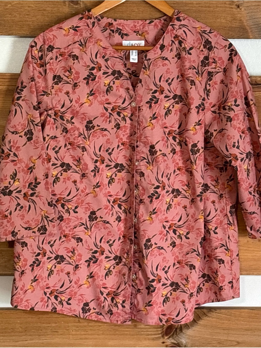 Denim & Co. Pink 3/4 Sleeve Button Down Collared Blouse Floral Accents Size S